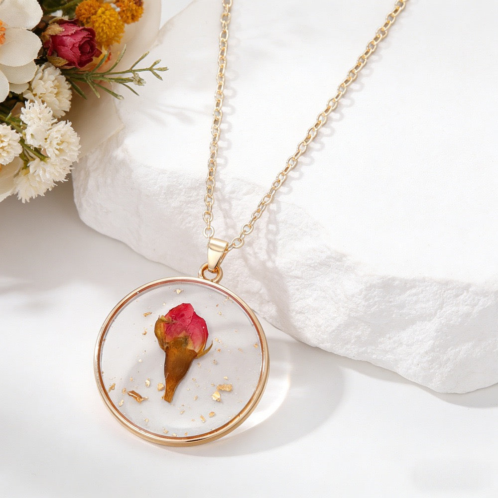 December birth month pressed flower resin necklace