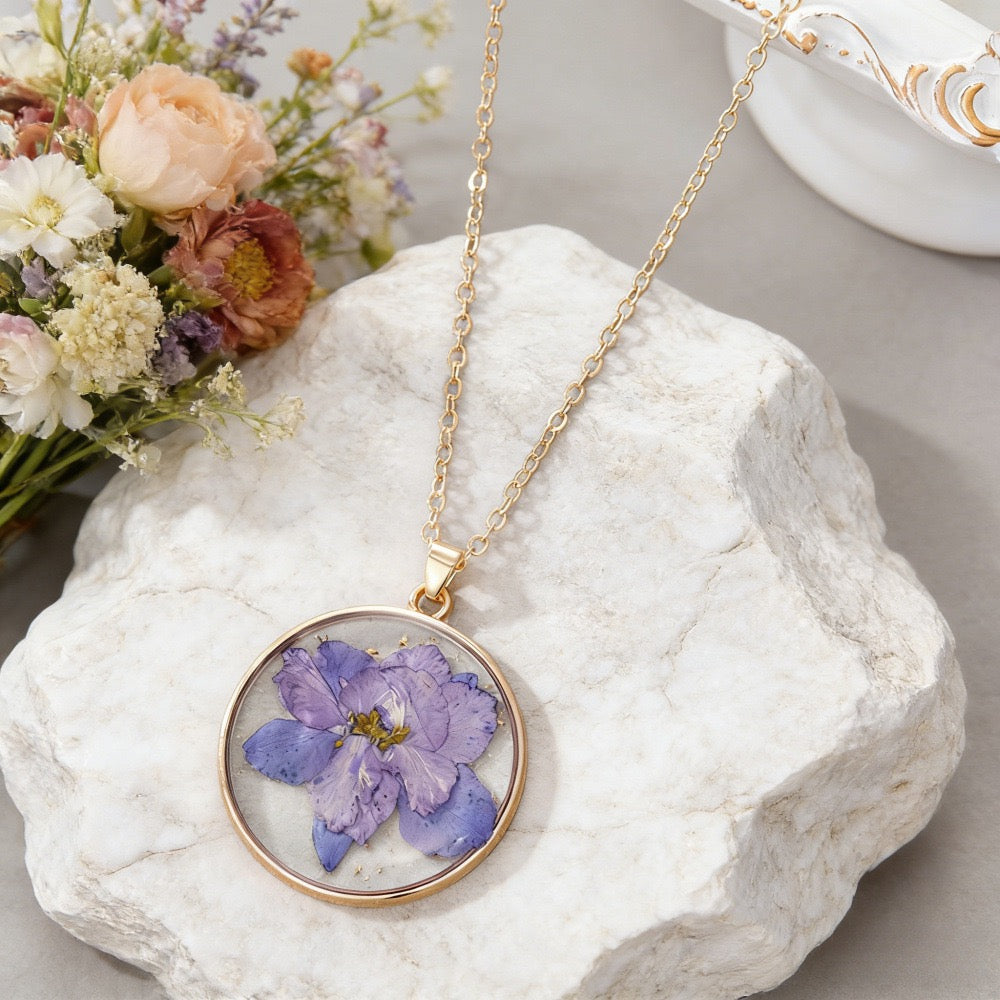 February birth month pressed flower resin necklace