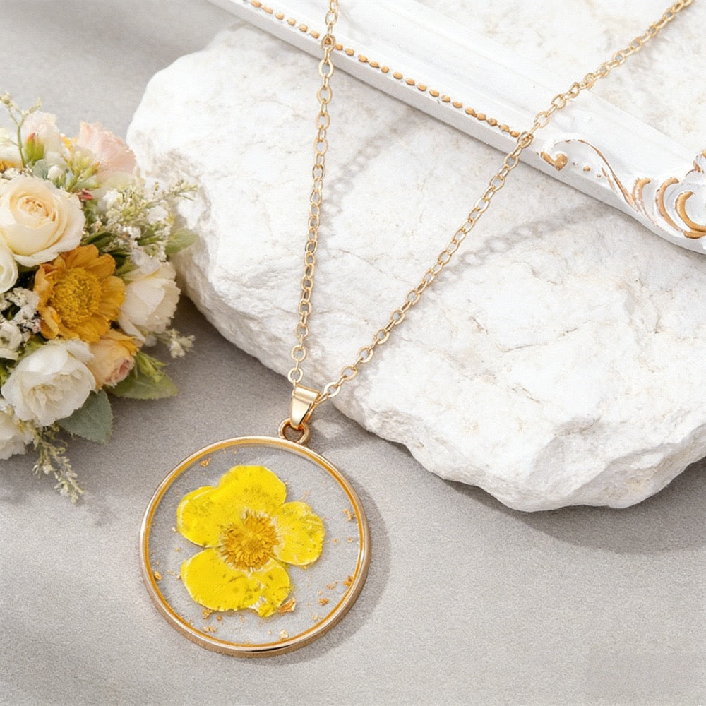 January birth month pressed flower resin necklace