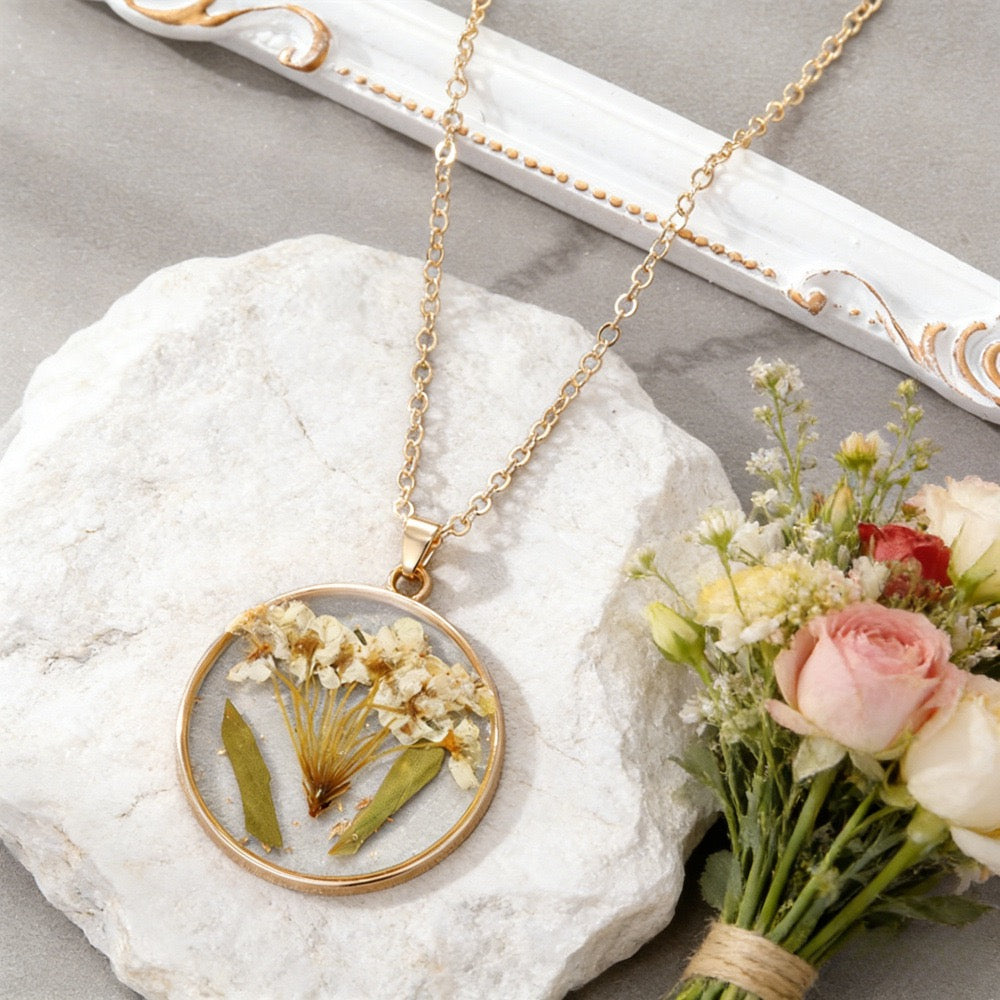 October birth month pressed flower resin necklace