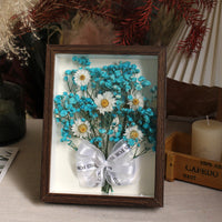 Blossom Wishes Walnut Shadow Box blue preserved flowers with daisies