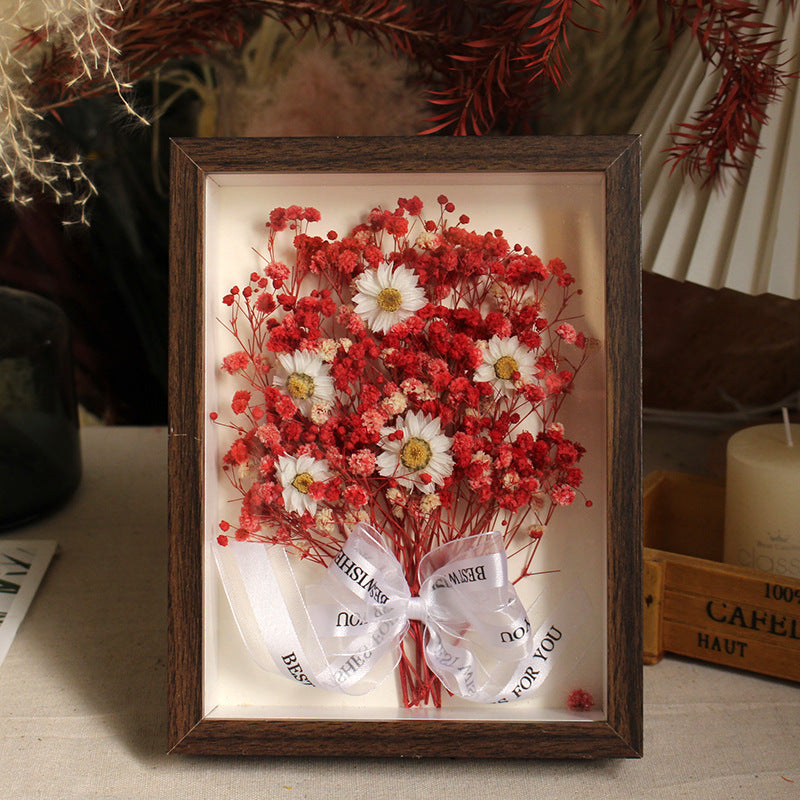 Blossom Wishes Walnut Shadow Box red preserved flowers with daisies