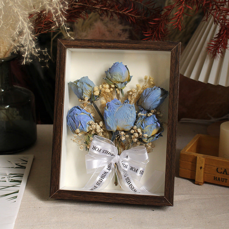 Eternal Bloom Walnut Shadow Box blue preserved roses