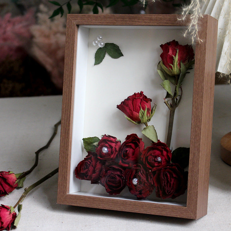 Everlasting Wishes Walnut Shadow Box red preserved roses with pearl accents