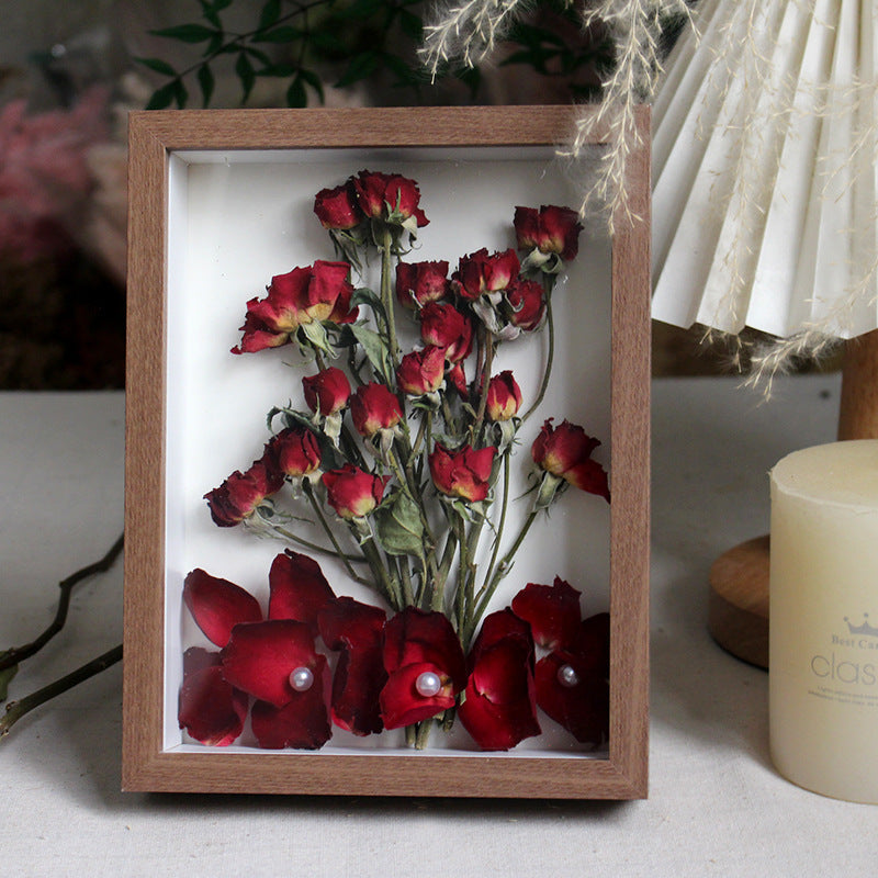 Everlasting Wishes Walnut Shadow Box red petals and preserved roses