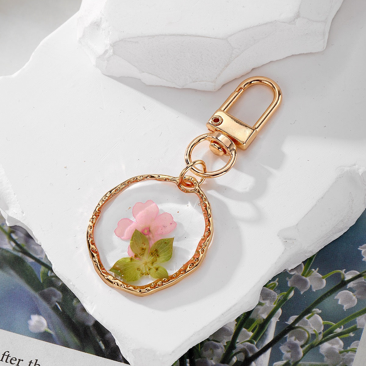 Pressed Flower Resin Keychain pink blossom