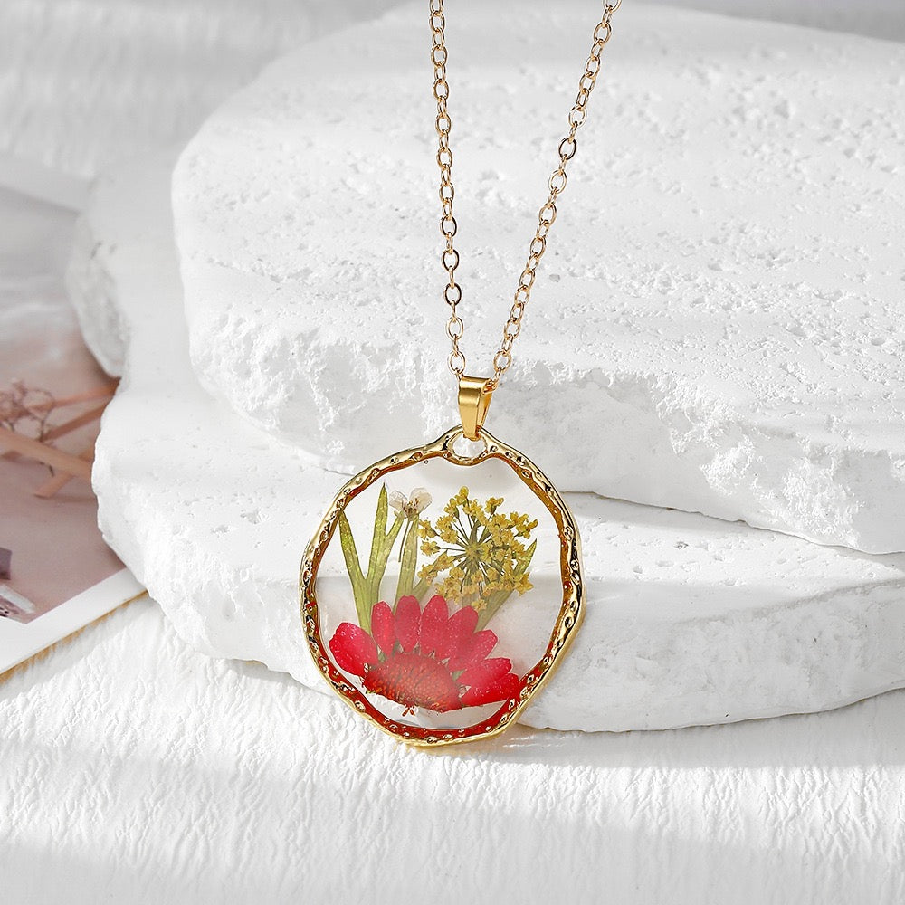 Flower Meadow Pressed Flower Resin Necklace aqua garden pendant
