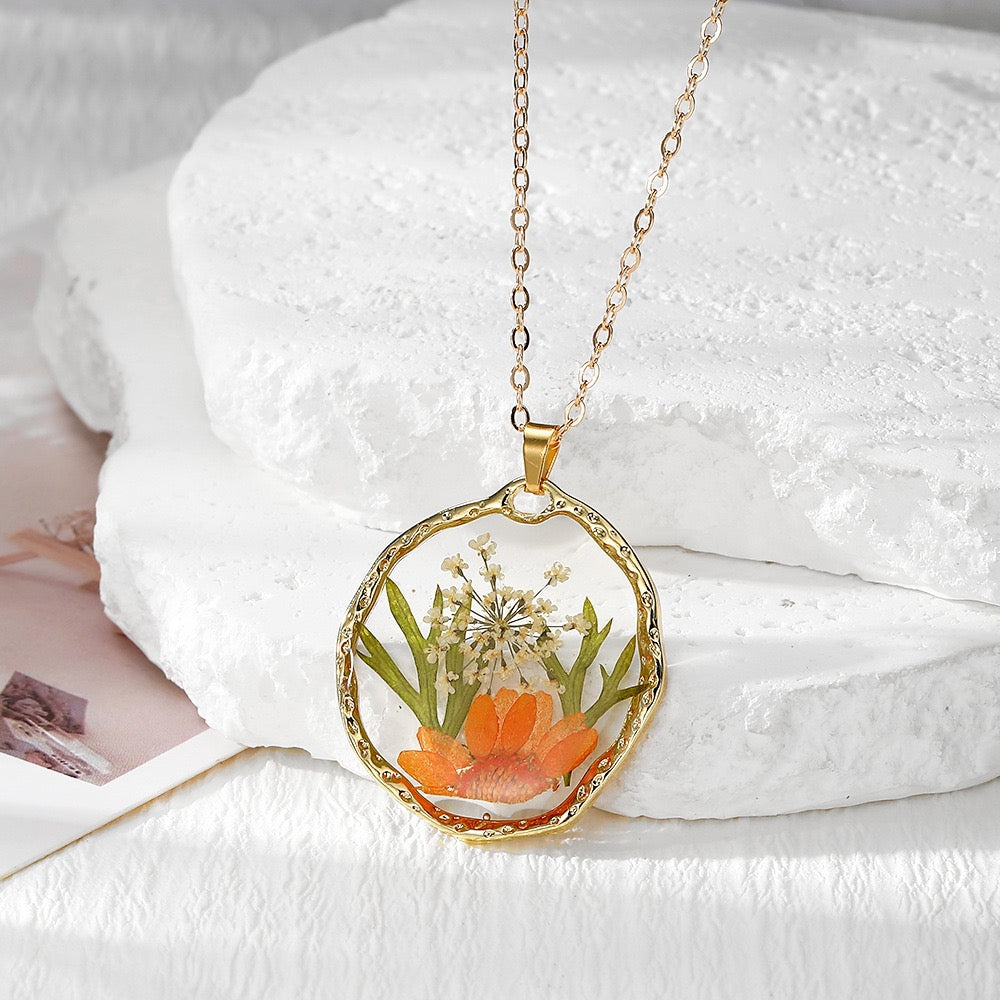 Flower Meadow Pressed Flower Resin Necklace orange meadow pendant