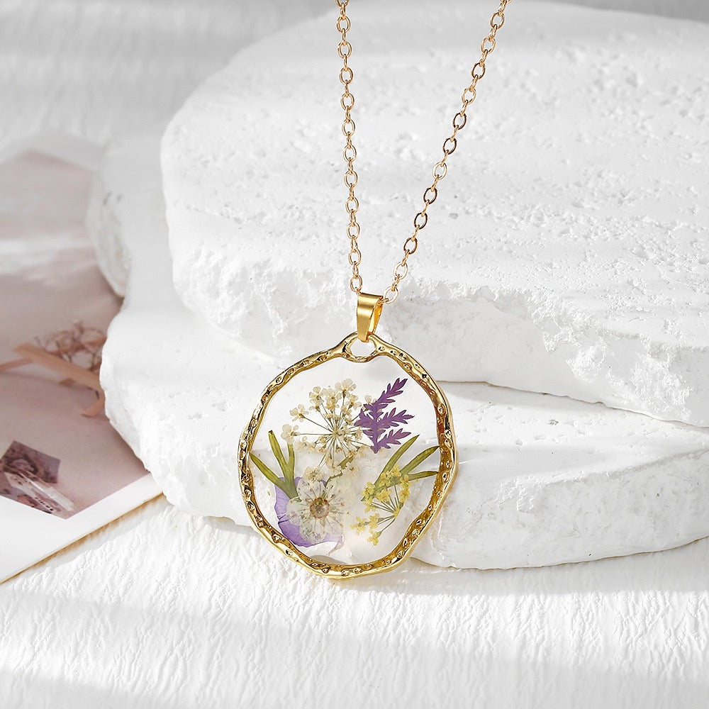 Flower Meadow Pressed Flower Resin Necklace purple bloom pendant