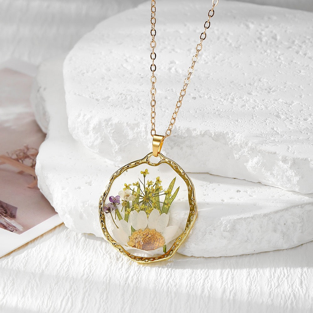 Flower Meadow Pressed Flower Resin Necklace yellow lavender pendant